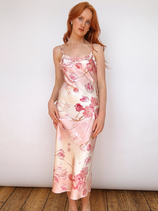 Silk Blush Pink Ruffle Detail Midi Dress