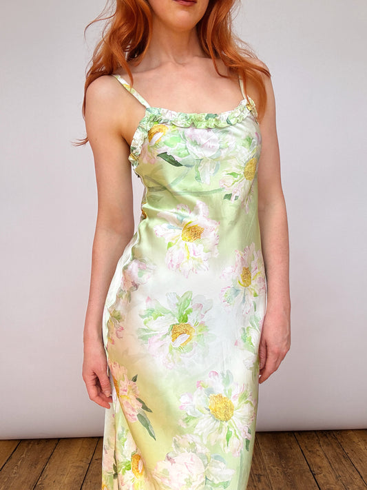 Silk Monet Green Ruffle Detail Midi Dress