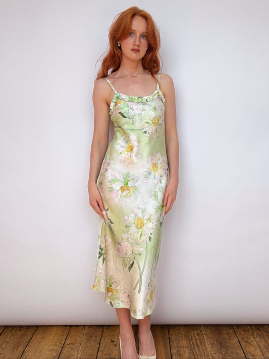 Silk Monet Green Ruffle Detail Midi Dress