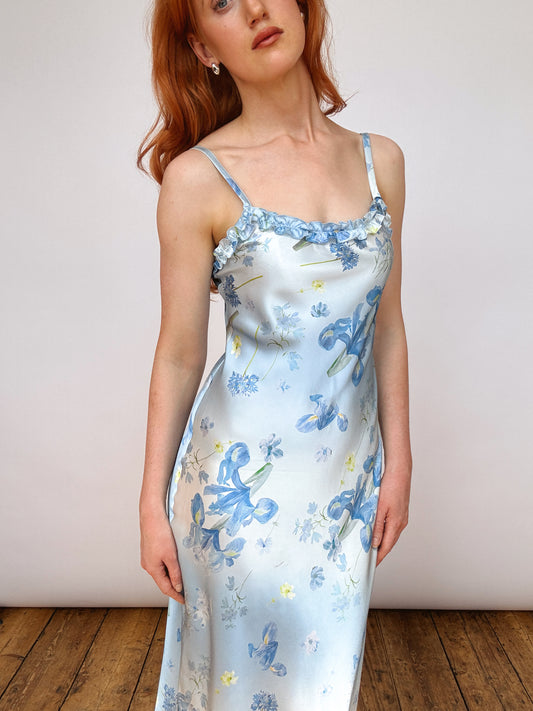 Silk Iris Blue Ruffle Detail Midi Dress