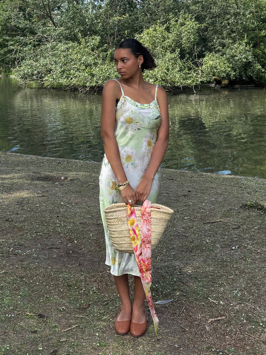 Silk Monet Green Ruffle Detail Midi Dress