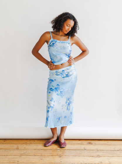 Silk Iris Blue Floral Midi Skirt