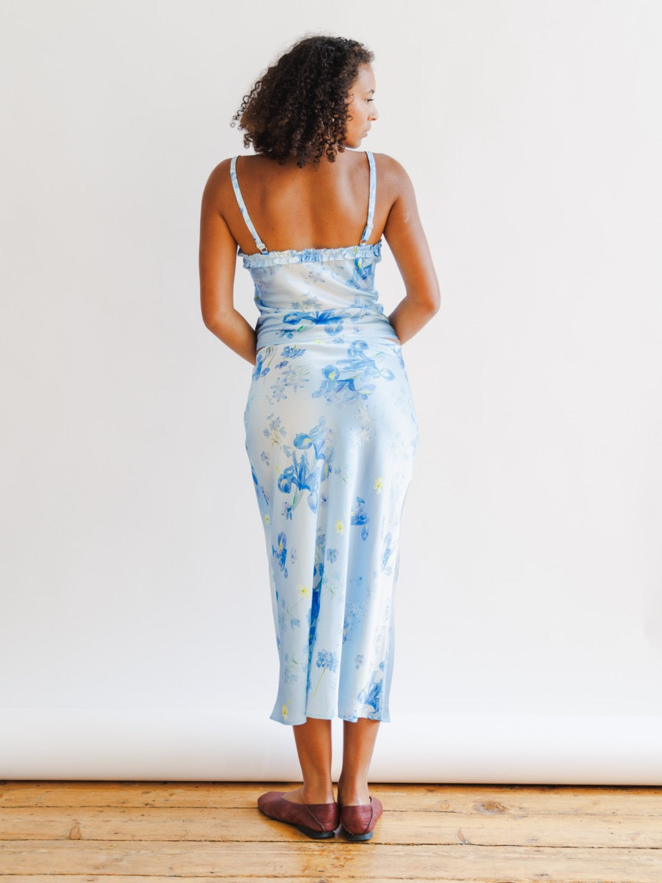 Silk Iris Blue Floral Midi Skirt
