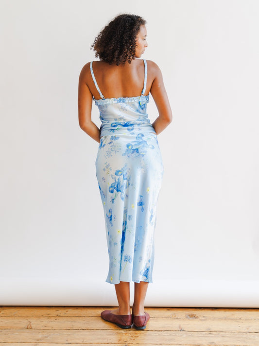 Silk Iris Blue Floral Midi Skirt