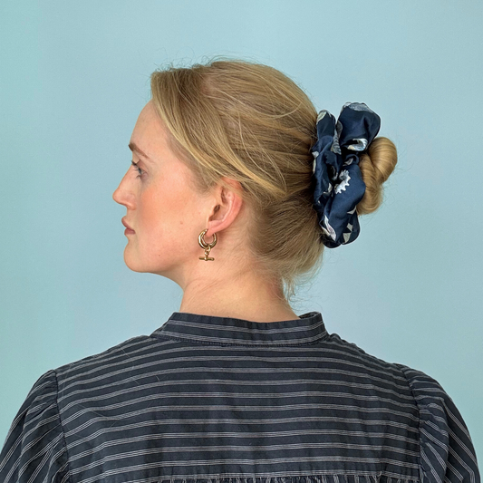 Navy Seashell Silk Scrunchie
