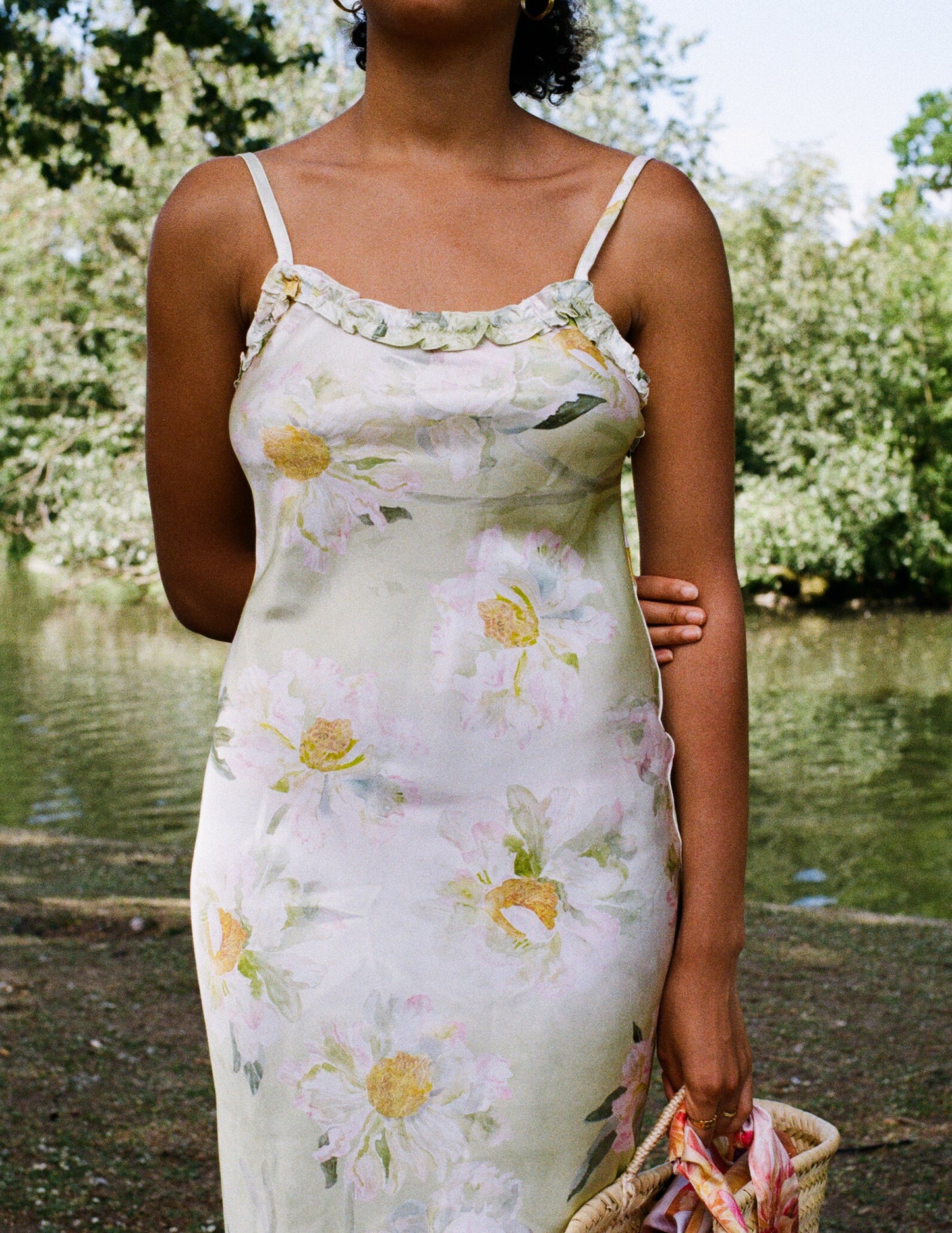 Silk Monet Green Ruffle Detail Midi Dress