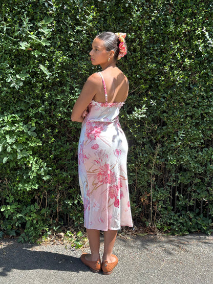 Silk Blush Pink Ruffle Detail Midi Dress