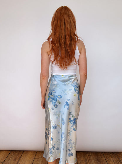 Silk Iris Blue Floral Midi Skirt