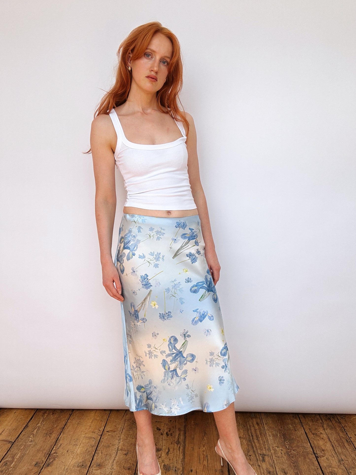 Silk Iris Blue Floral Midi Skirt