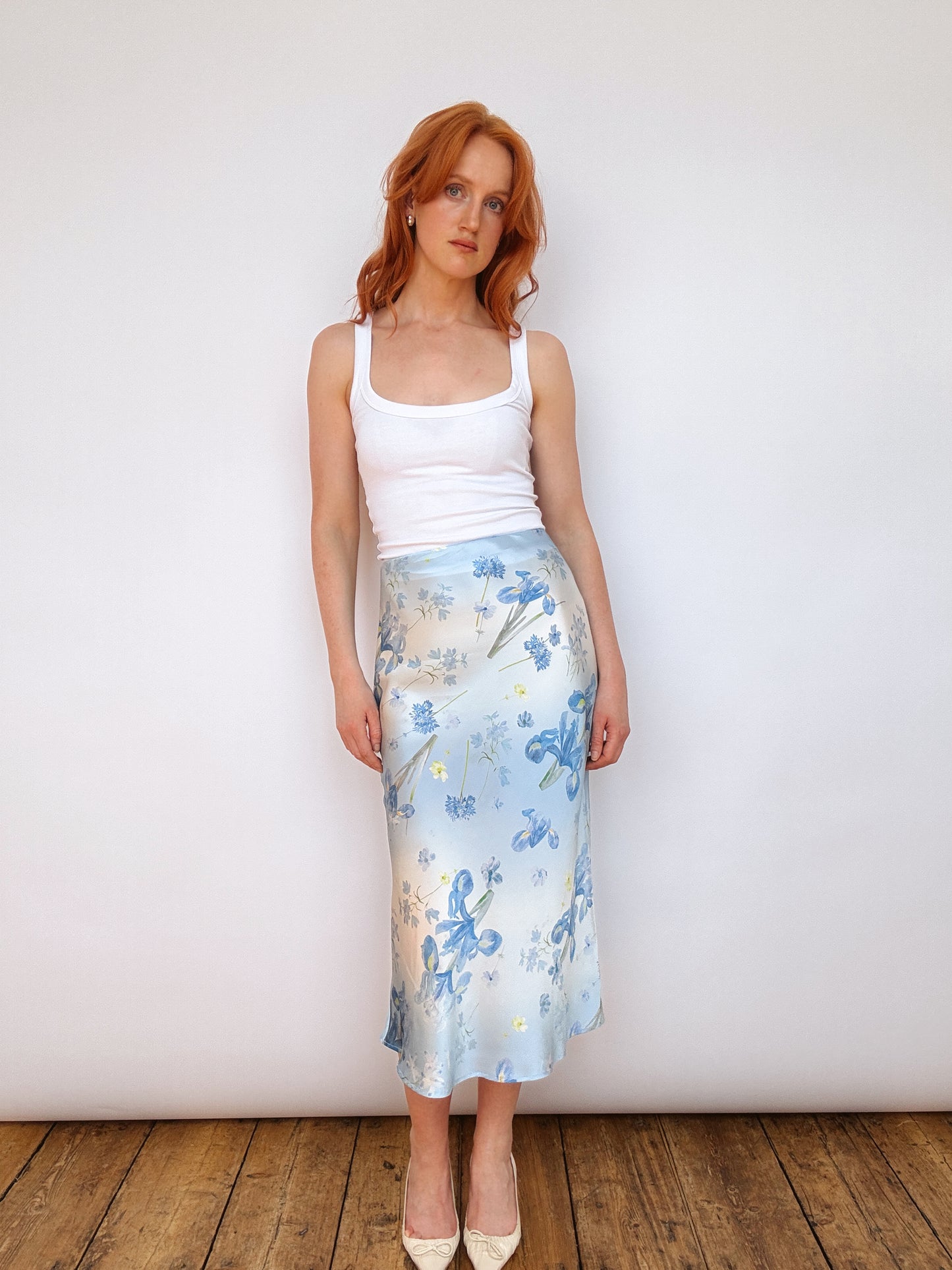 Silk Iris Blue Floral Midi Skirt