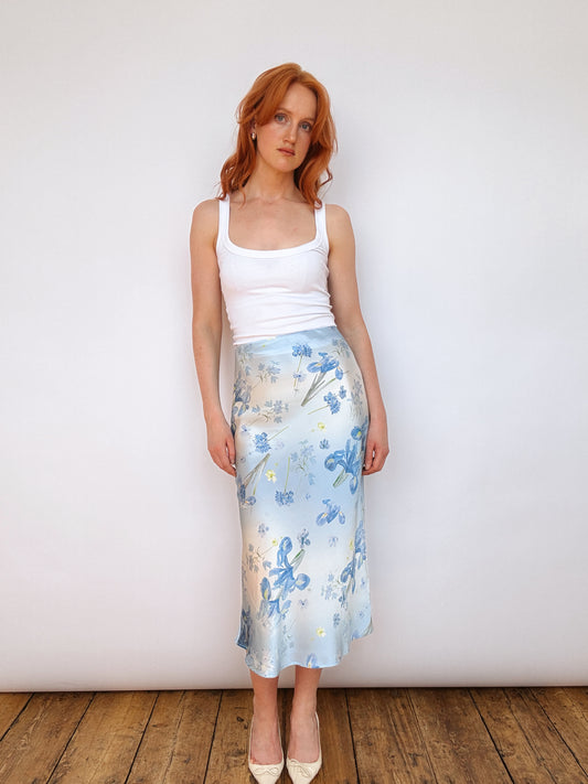 Iris Blue Silk Floral Midi Skirt