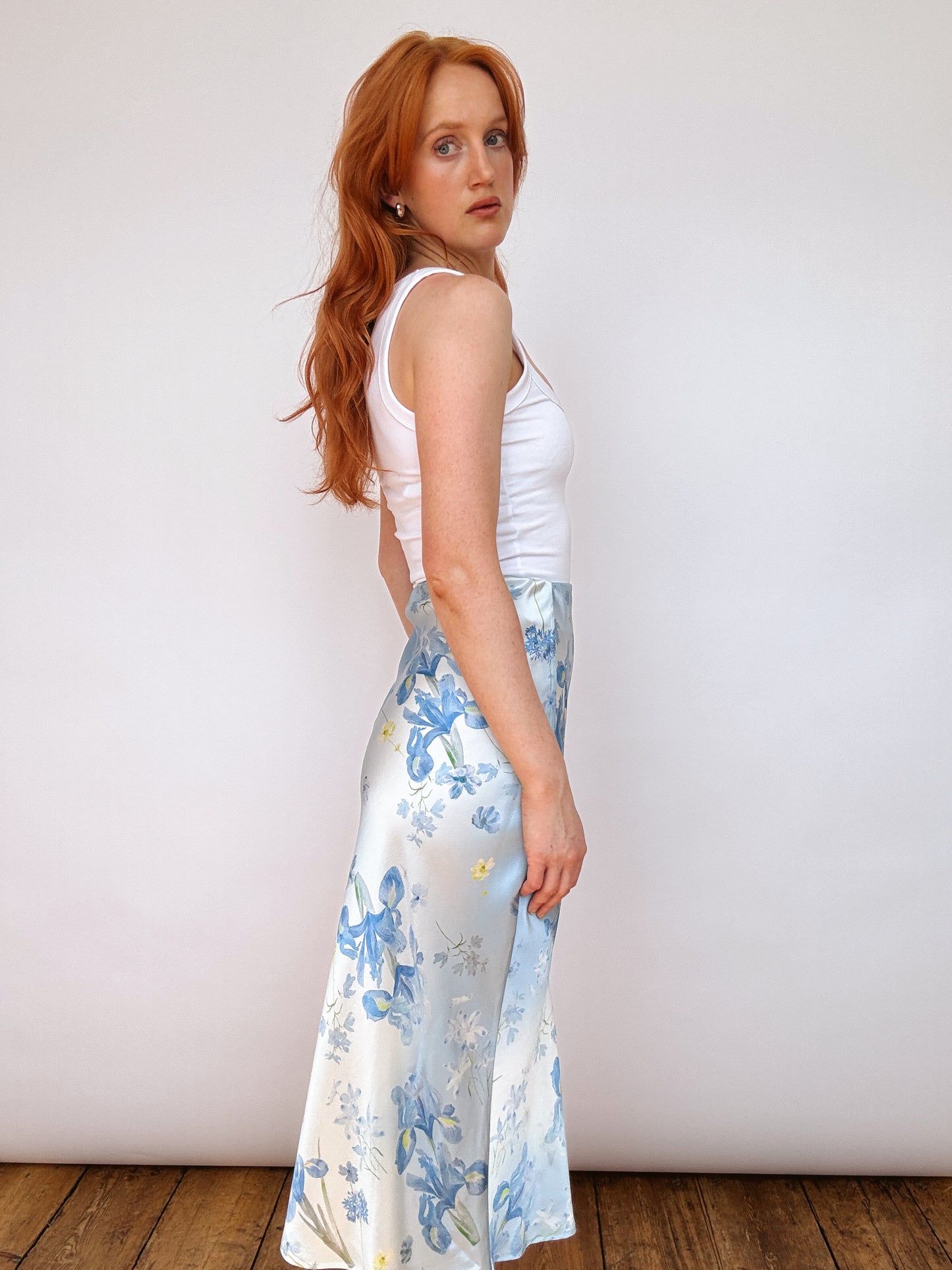 Silk Iris Blue Floral Midi Skirt
