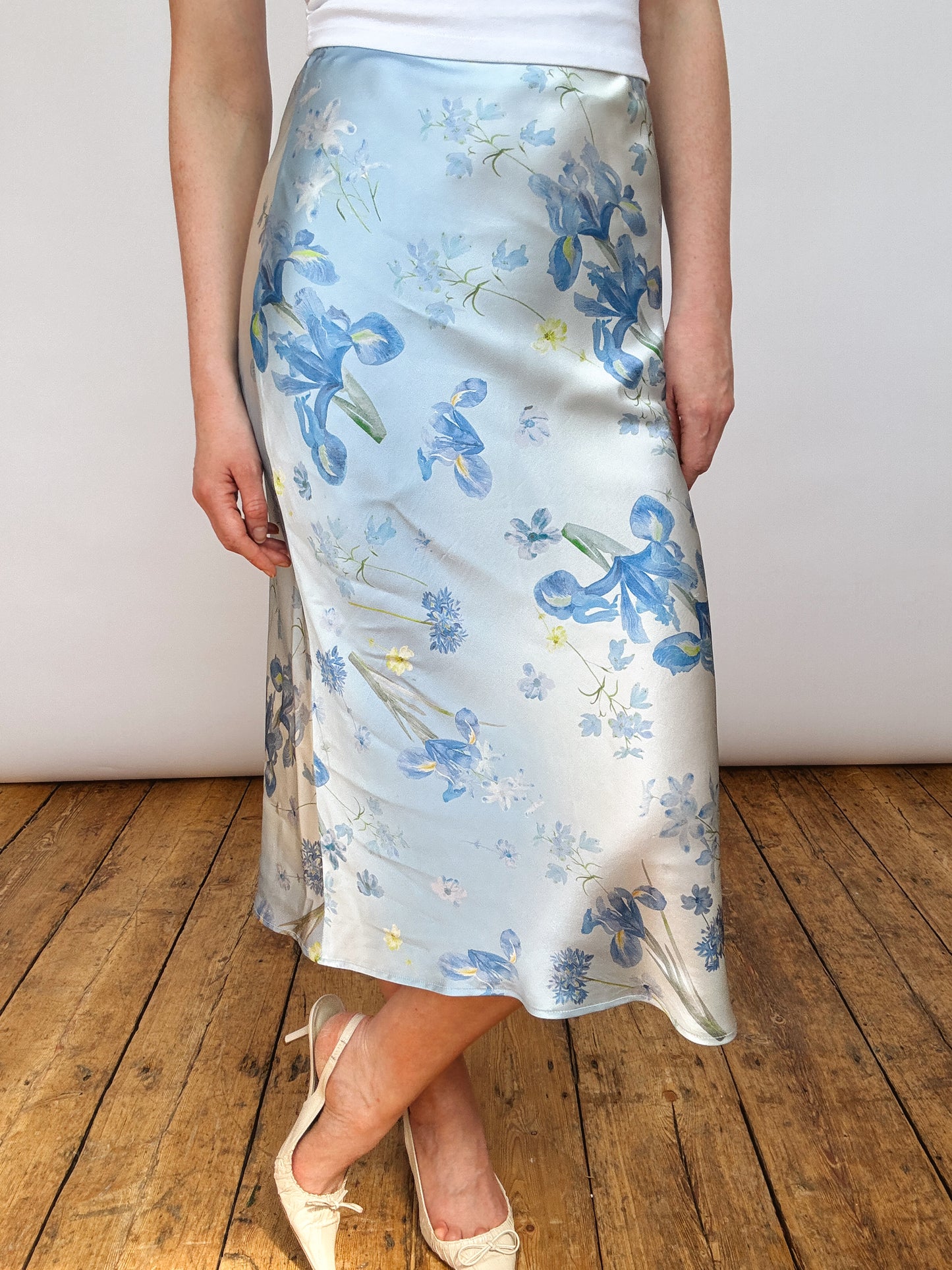 Silk Iris Blue Floral Midi Skirt