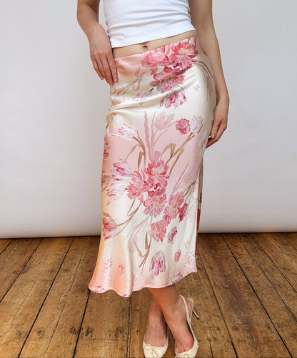 Silk Blush Pink Floral Midi Skirt