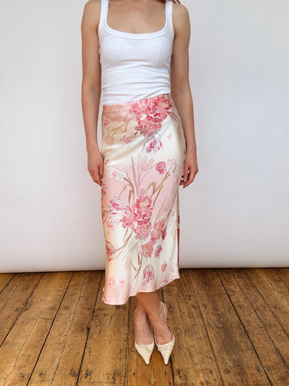 Silk Blush Pink Floral Midi Skirt