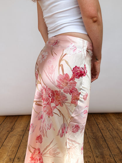 Silk Blush Pink Floral Midi Skirt
