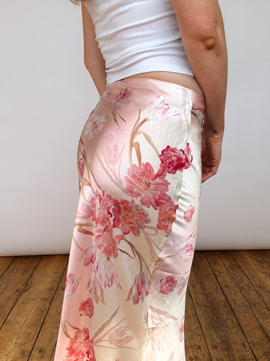 Blush Pink Silk Floral Midi Skirt