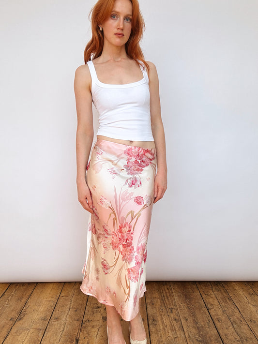 Blush Pink Silk Floral Midi Skirt