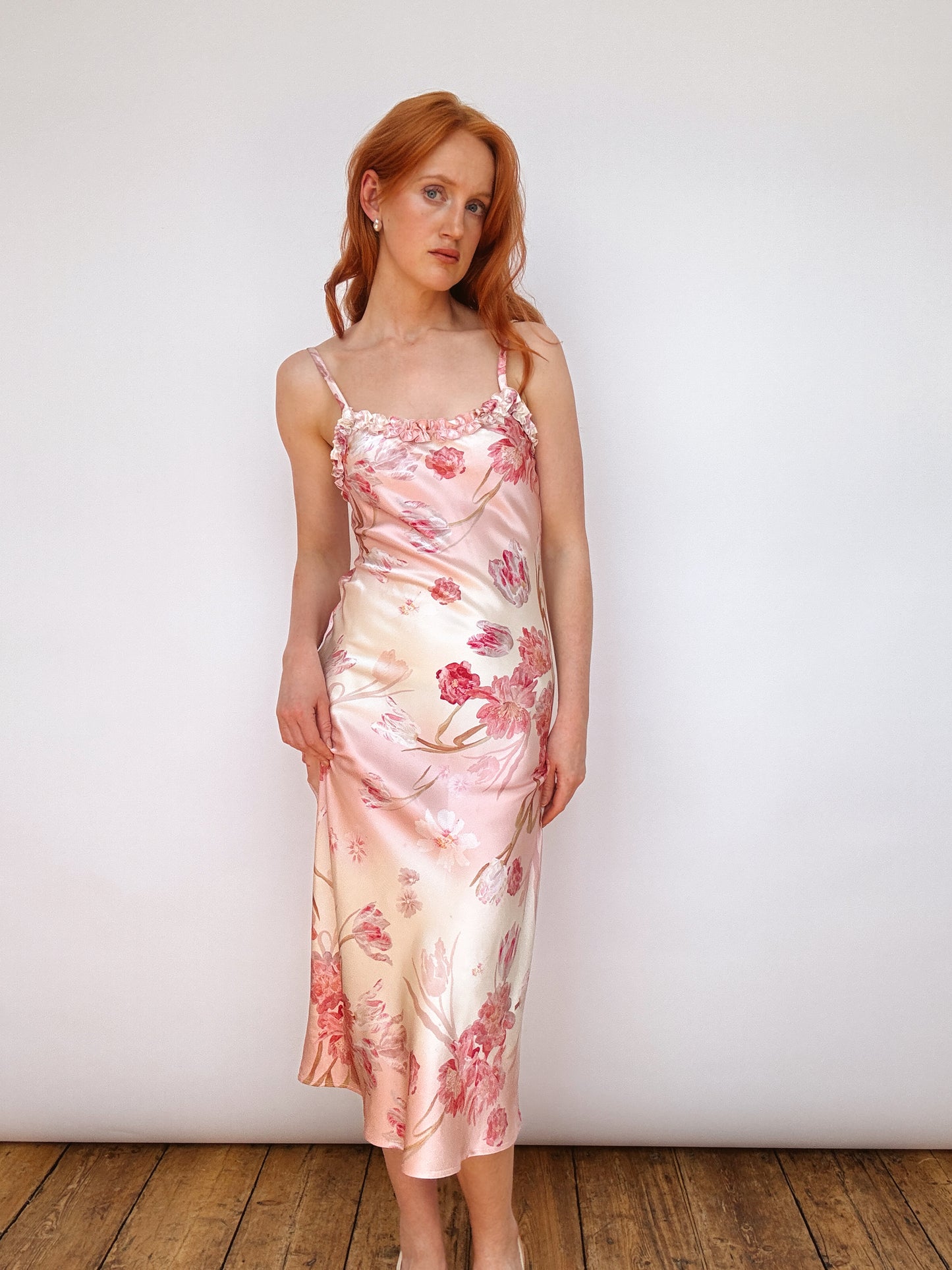 Silk Blush Pink Ruffle Detail Midi Dress