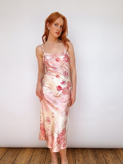 Silk Blush Pink Ruffle Detail Midi Dress