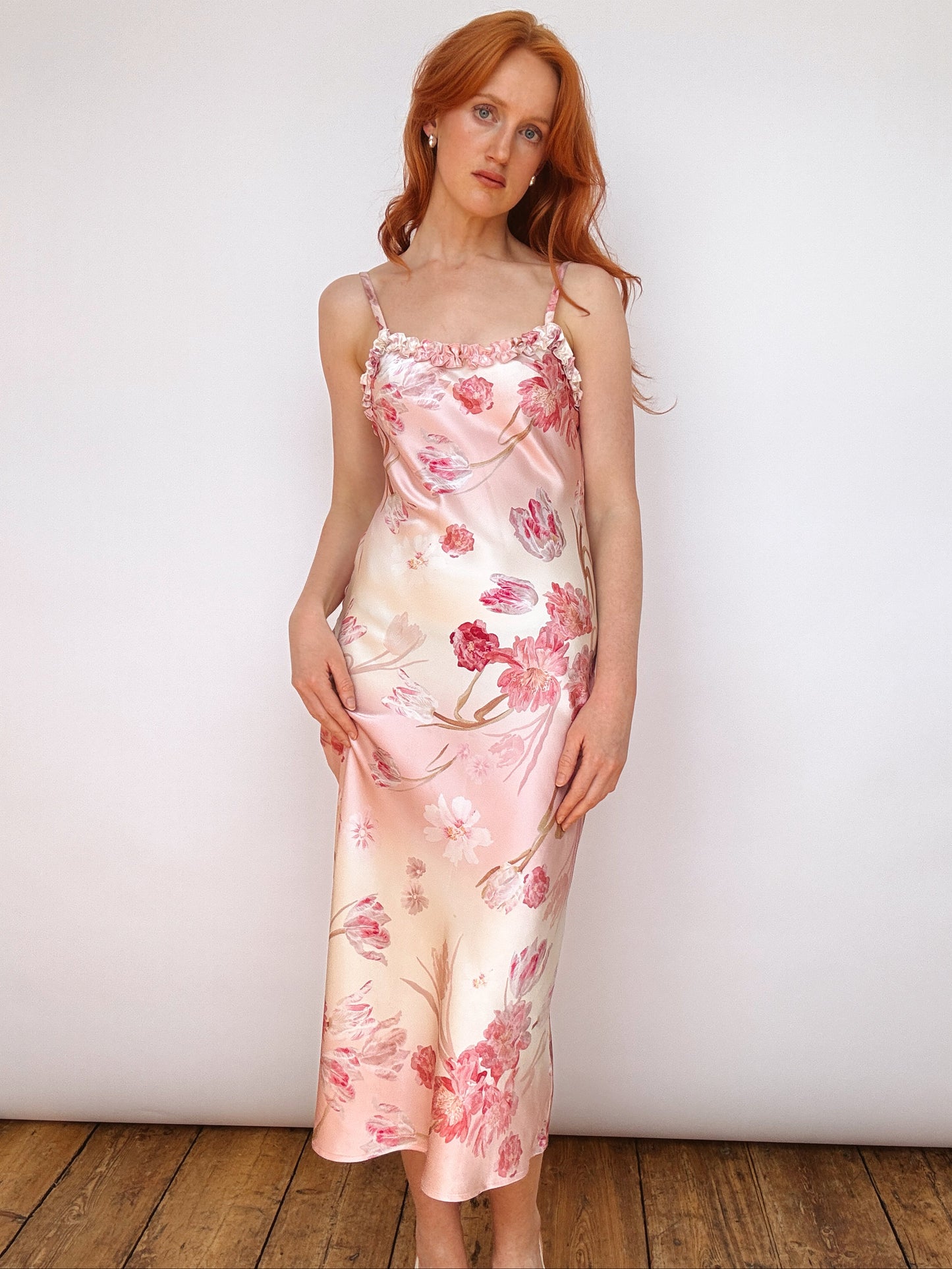 Silk Blush Pink Ruffle Detail Midi Dress