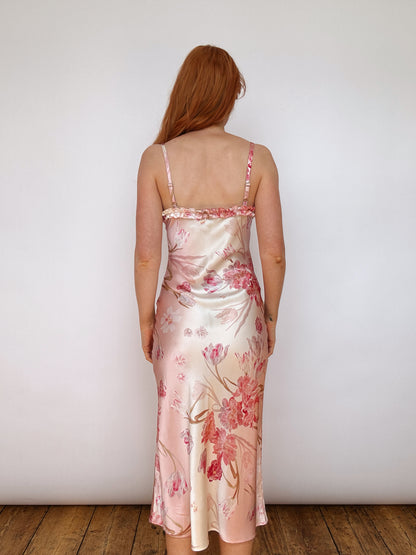 Silk Blush Pink Ruffle Detail Midi Dress