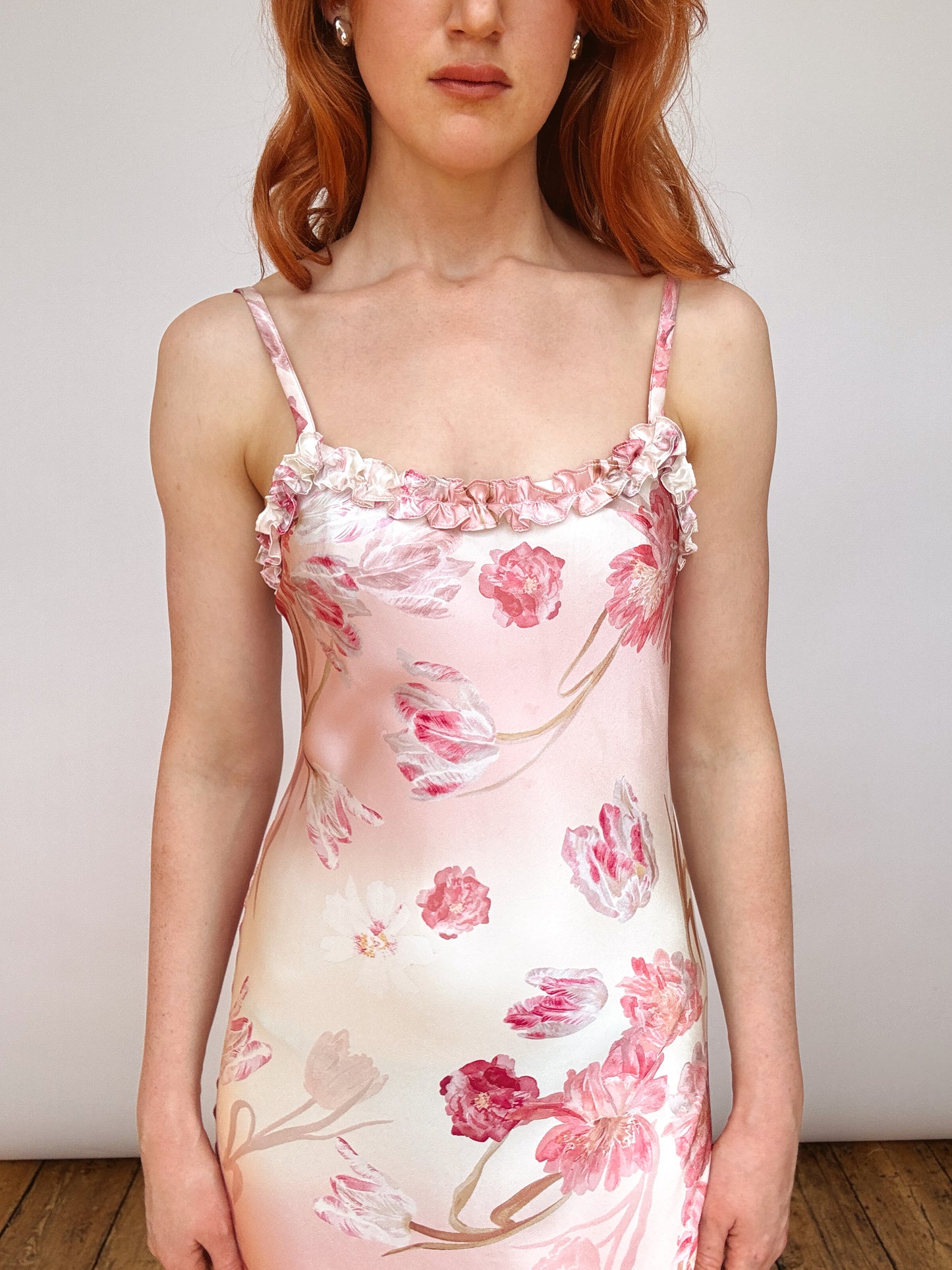 Silk Blush Pink Ruffle Detail Midi Dress