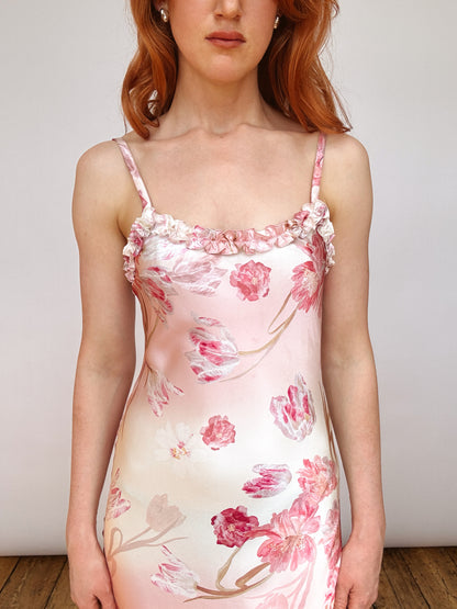 Silk Blush Pink Ruffle Detail Midi Dress