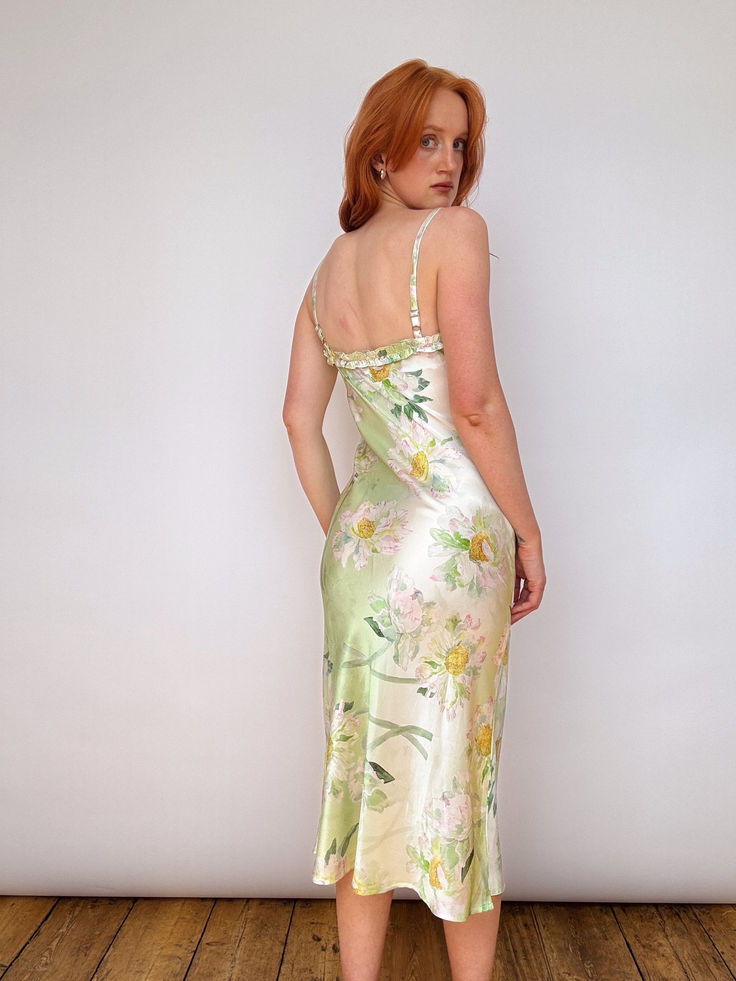 Silk Monet Green Ruffle Detail Midi Dress