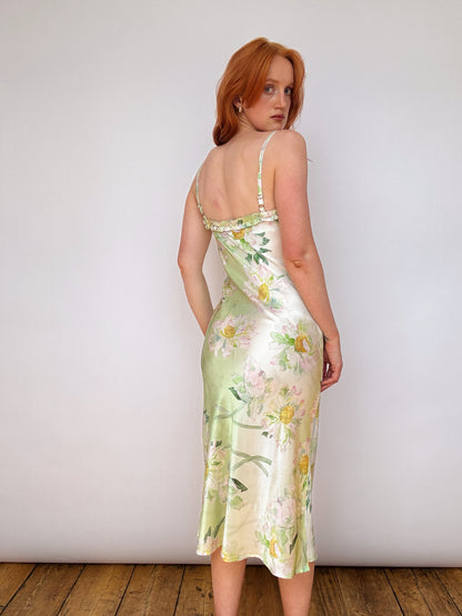 Silk Monet Green Ruffle Detail Midi Dress