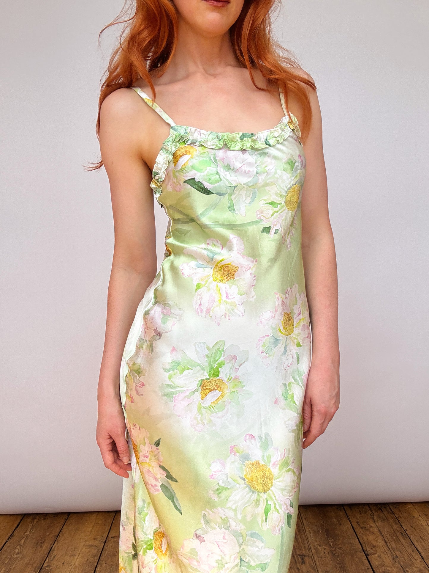 Silk Monet Green Ruffle Detail Midi Dress