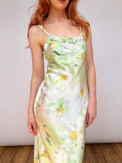 Silk Monet Green Ruffle Detail Midi Dress