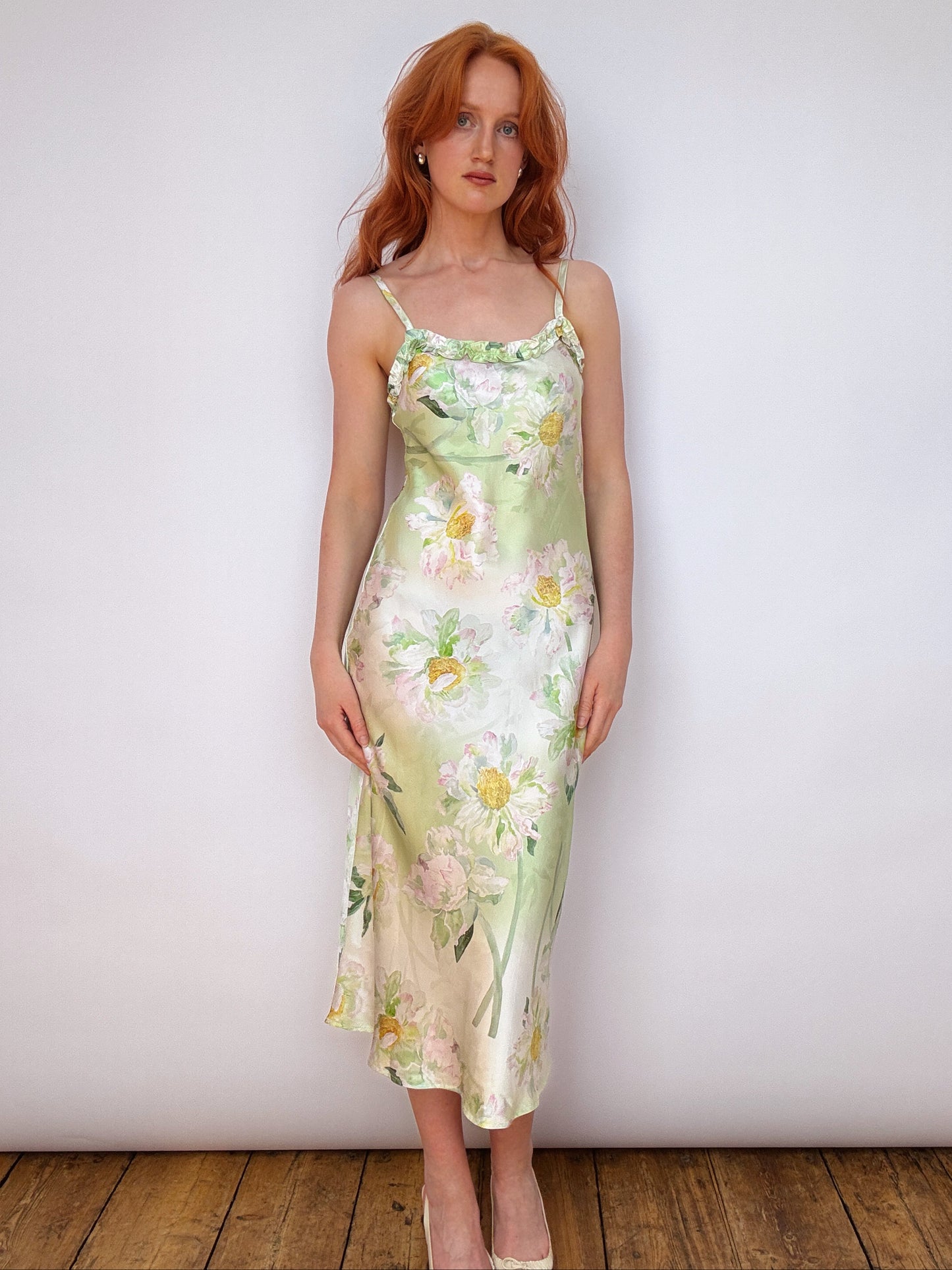 Silk Monet Green Ruffle Detail Midi Dress