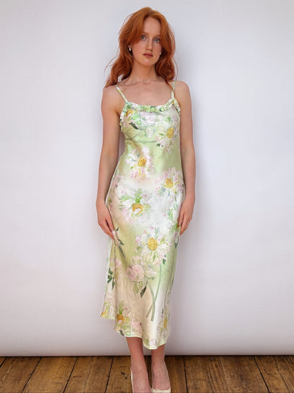 Silk Monet Green Ruffle Detail Midi Dress