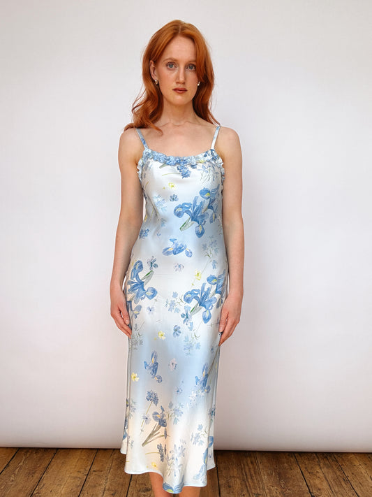 Silk Iris Blue Ruffle Detail Midi Dress