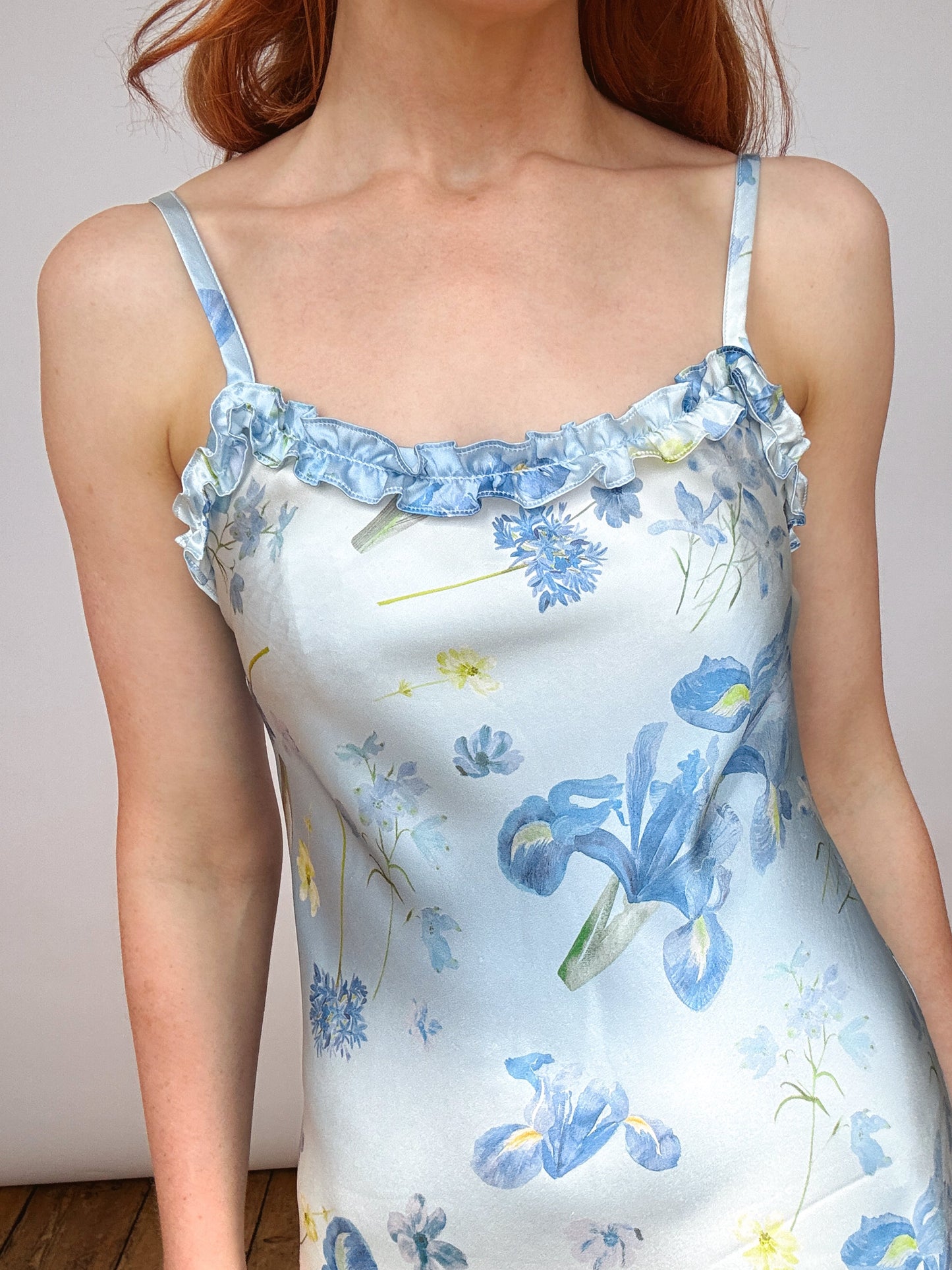 Silk Blue Iris Ruffle Detail Midi Dress