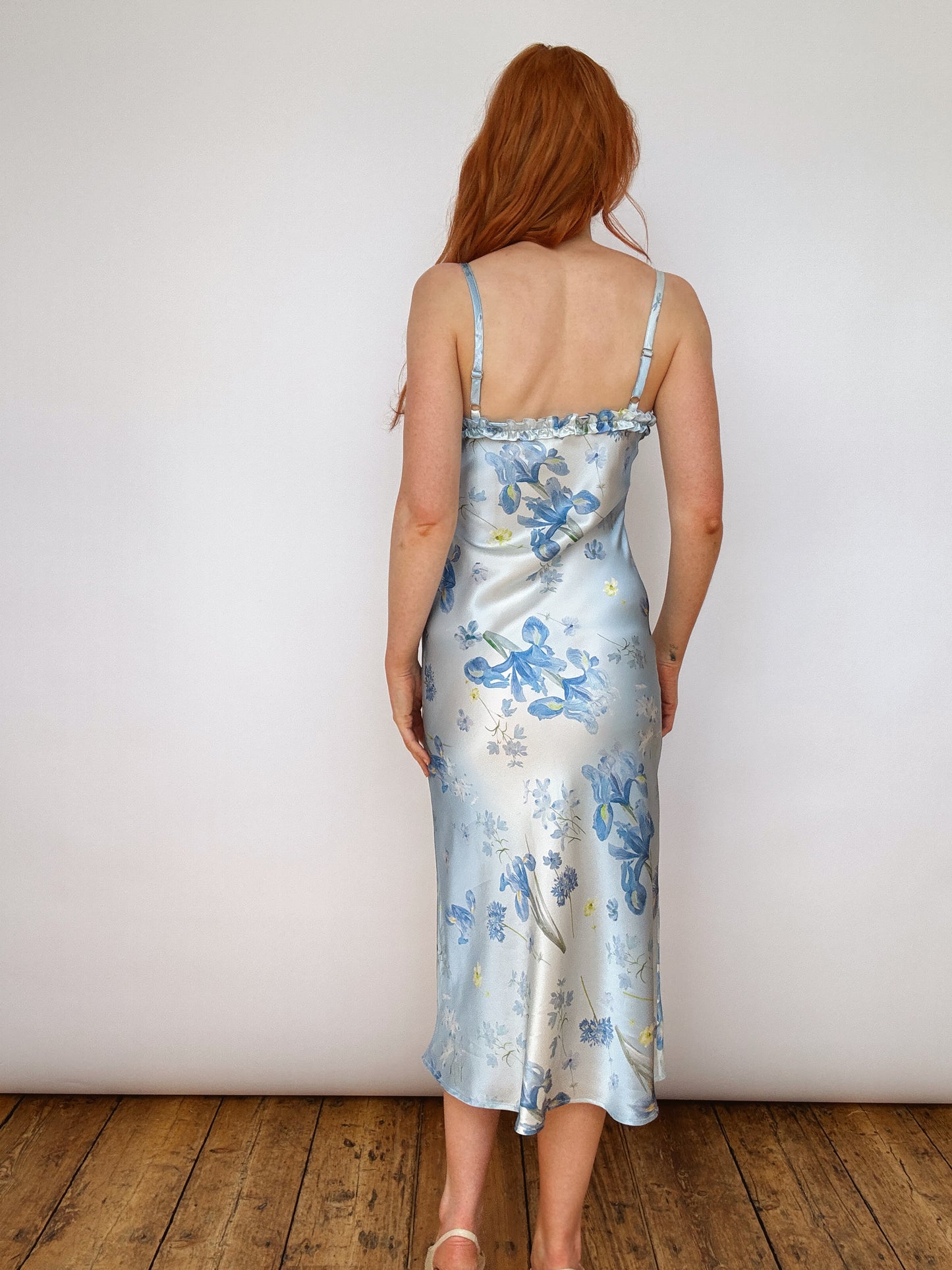 Silk Blue Iris Ruffle Detail Midi Dress