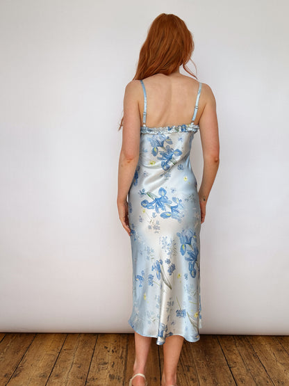 Silk Blue Iris Ruffle Detail Midi Dress