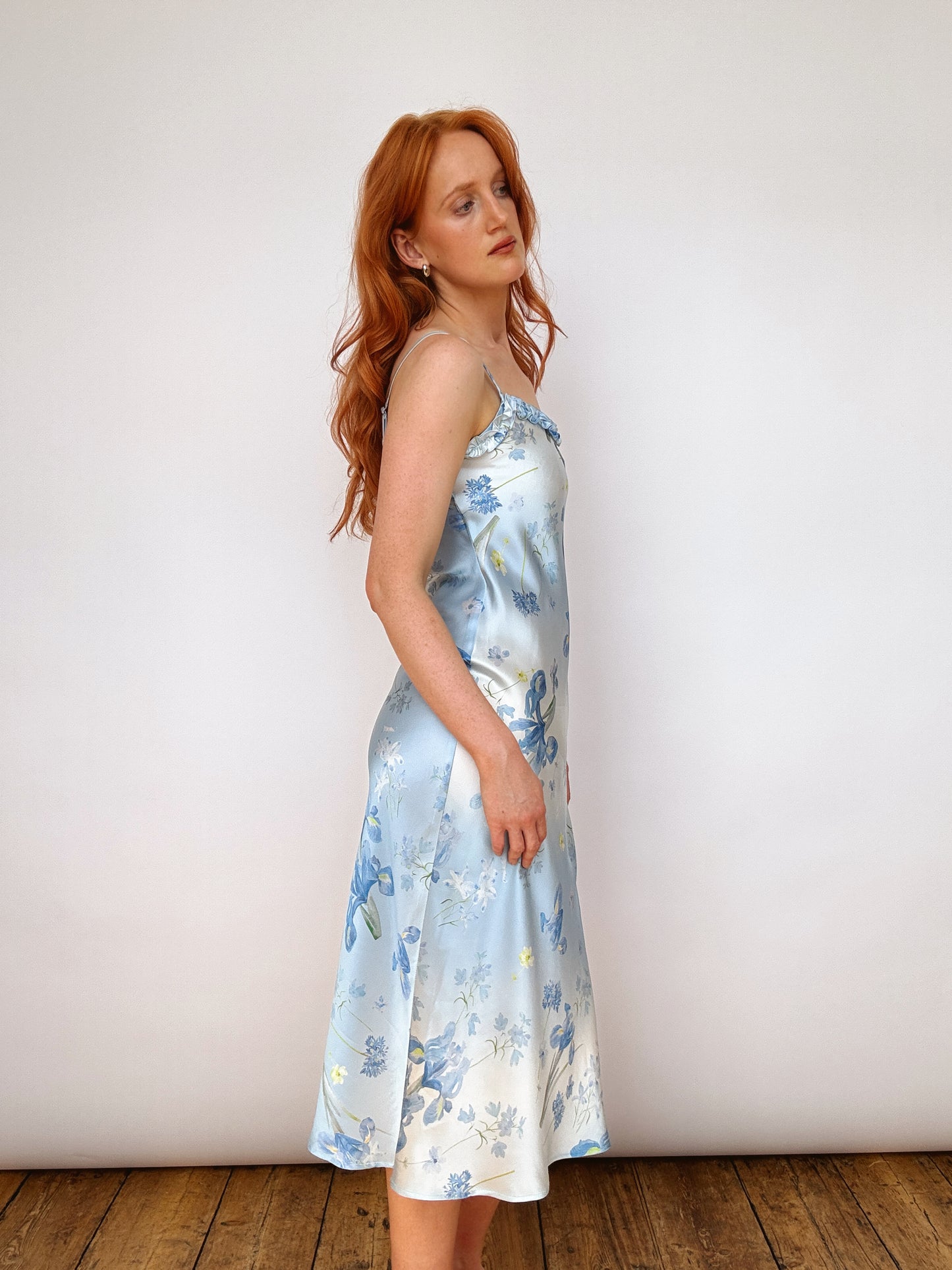 Silk Blue Iris Ruffle Detail Midi Dress