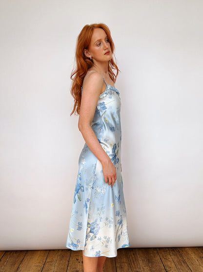Silk Blue Iris Ruffle Detail Midi Dress