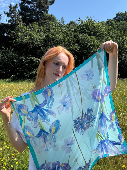 Iris Turquoise Silk Scarf 65