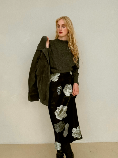 Midnight Rose Silk Midi Skirt